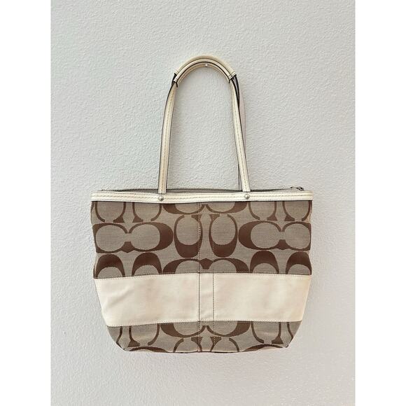 Vintage Coach Khaki Ivory Signature C Stripe Canvas Tote - Picture 2 of 5
